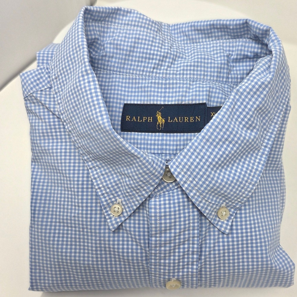 Ralph Lauren Shirt Mens XL Gingham Blue Button Down Short Sleeve Cotton